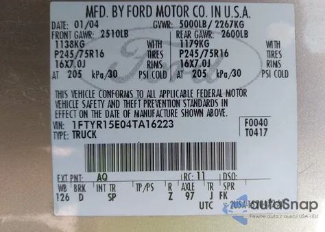 2004 Ford Ranger Xlt from USA, damaged, VIN 1FTYR15E04TA16223